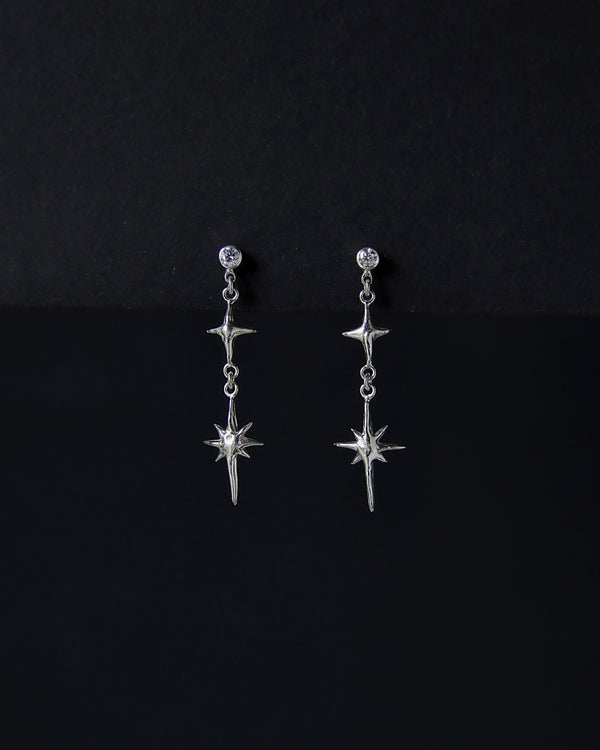 Sterling silver moissanite star dangle earrings on a black background