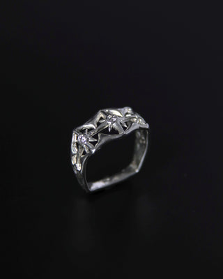 Moissanite Silver ring with north star design on a black background